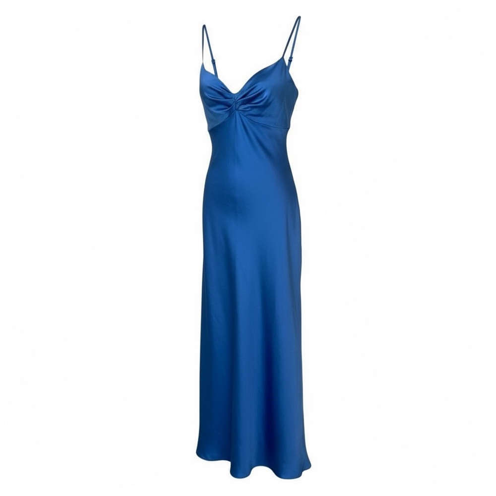 David’s Bridal Light Blue Satin Gown Size 4 Spaghetti Strap Formal Dress NWOT